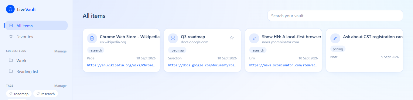 The LiveVault dashboard showing four saved items — a page, a text selection, a link, and a note — organized with collections and tags, and a search bar.